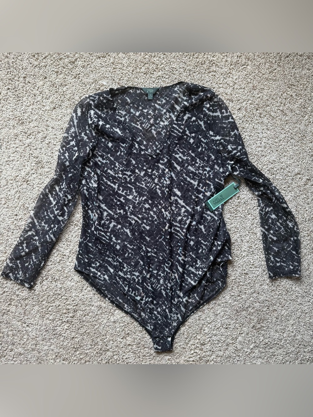 Sheer Black and White V-Neck Long-Sleeve Bodysuit